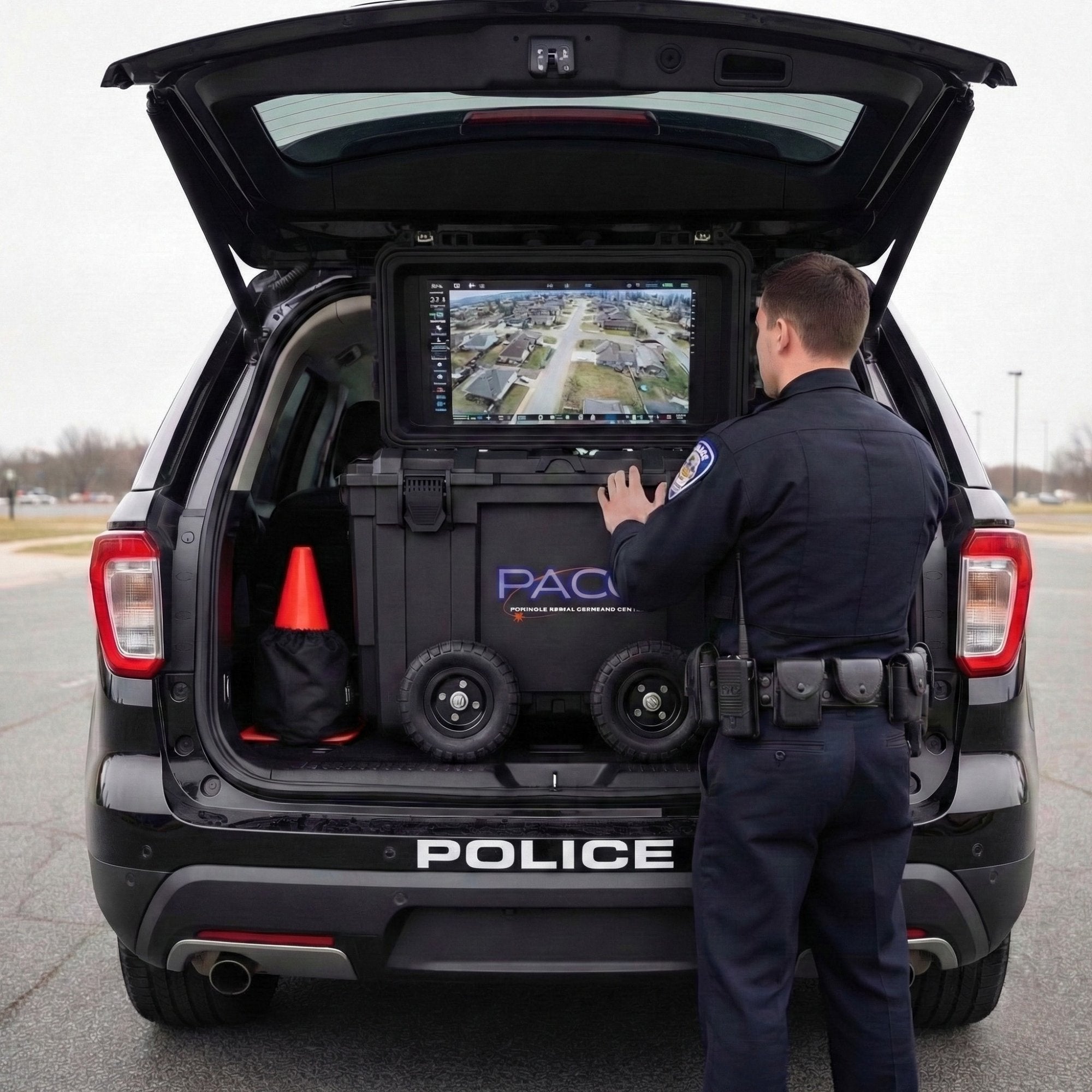 Portable Aerial Command Center in the rear of a police SUV